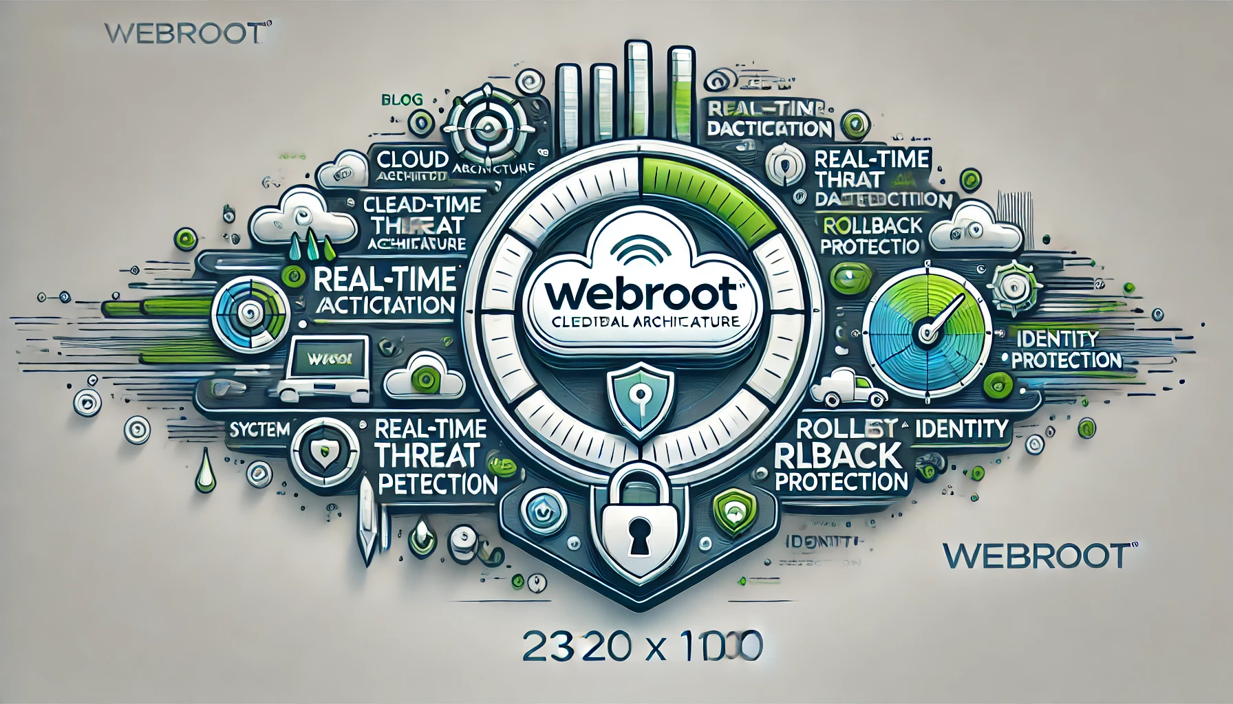 Webroot logo and various symbols representing the features of Webroot antivirus software
